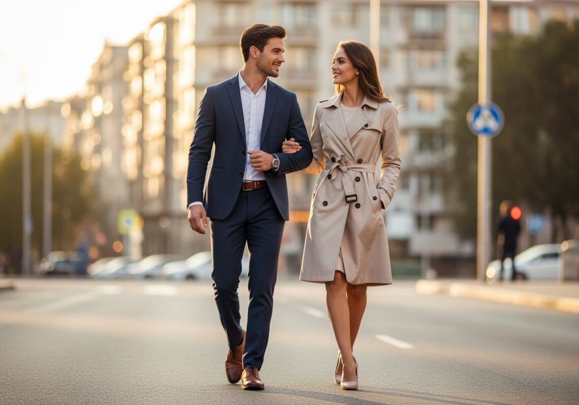 Mladý muž a žena kráčajú ulicou mesta počas zlatej hodiny, oblečení v elegantných outfitoch.