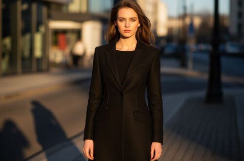 Mladá žena v čiernom kabáte stojaca na mestskom chodníku za zlatou hodinu s miernym vánkom.