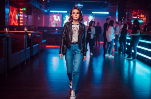 Mladá žena vo koženej bunde a džínsach kráča do neónmi osvetleného nočného klubu.