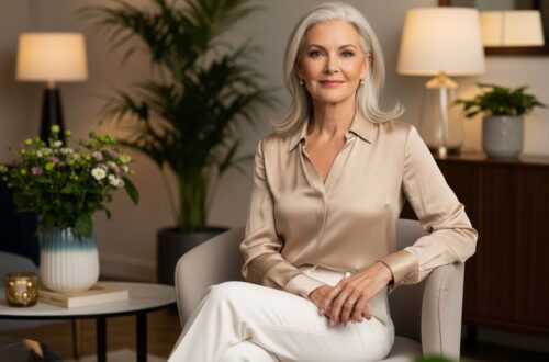 Elegantná žena nad 50 rokov sediaca v modernom obývacom priestore s bielou blúzkou a nohavicami