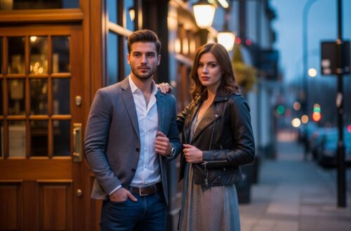 Mladý muž a žena stojaci pred pubom večer v štýlovom oblečení, uvoľnení pri teplom osvetlení.