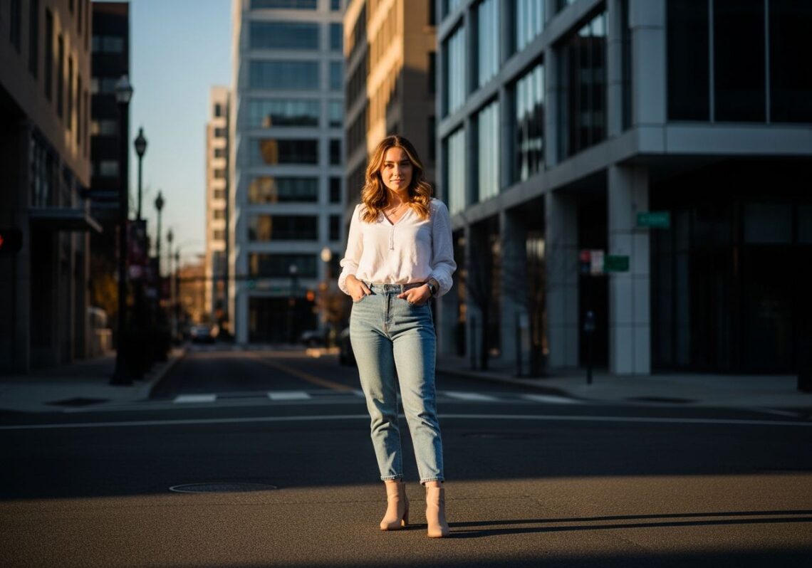 mladá žena v svetlomodrých džínsach a bielej blúzke stojaca na mestskej ulici s modernými budovami
