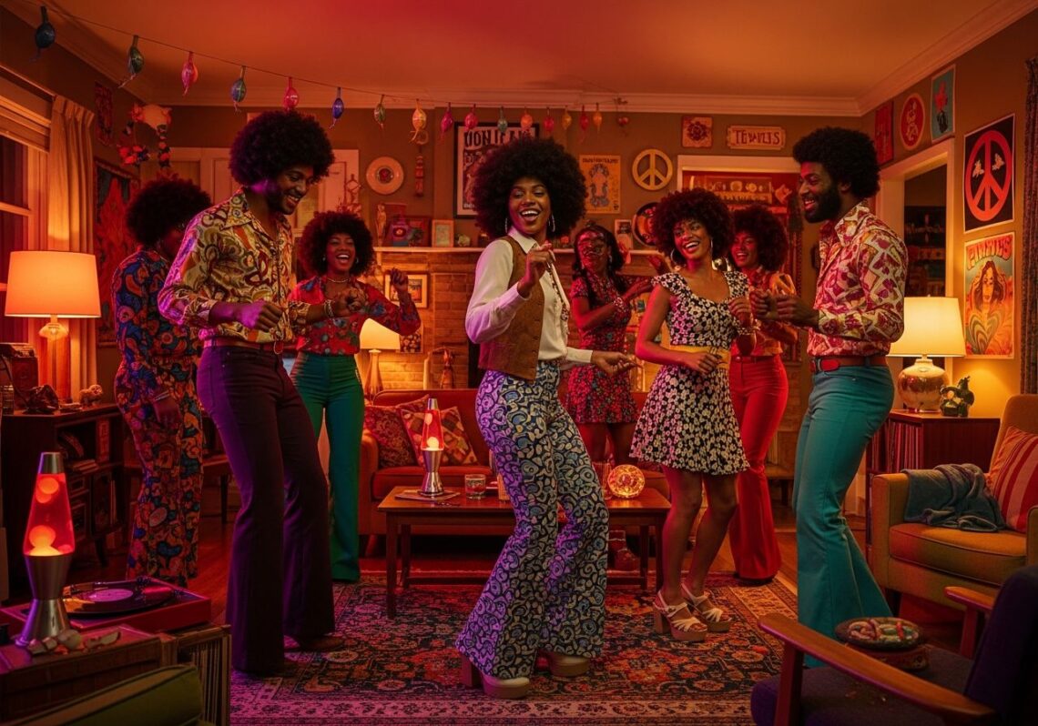 Životná 70. rokov párty s ľuďmi v retro oblečení, disco tanečnou scénou a vintage dekoráciami v obývačke