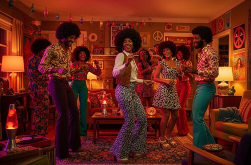 Životná 70. rokov párty s ľuďmi v retro oblečení, disco tanečnou scénou a vintage dekoráciami v obývačke