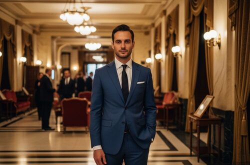 Muž v tmavomodrom obleku stojí v elegantnej divadelnej hale s mramorovou podlahou a zlatými detailmi.