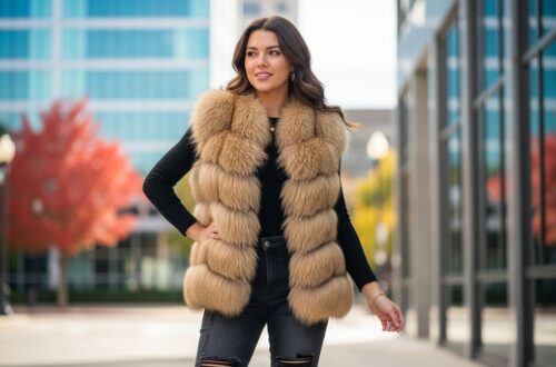 Mladá žena stojaca vonku v kožušinovej vesti na mestskom pozadí s jesennými farbami.
