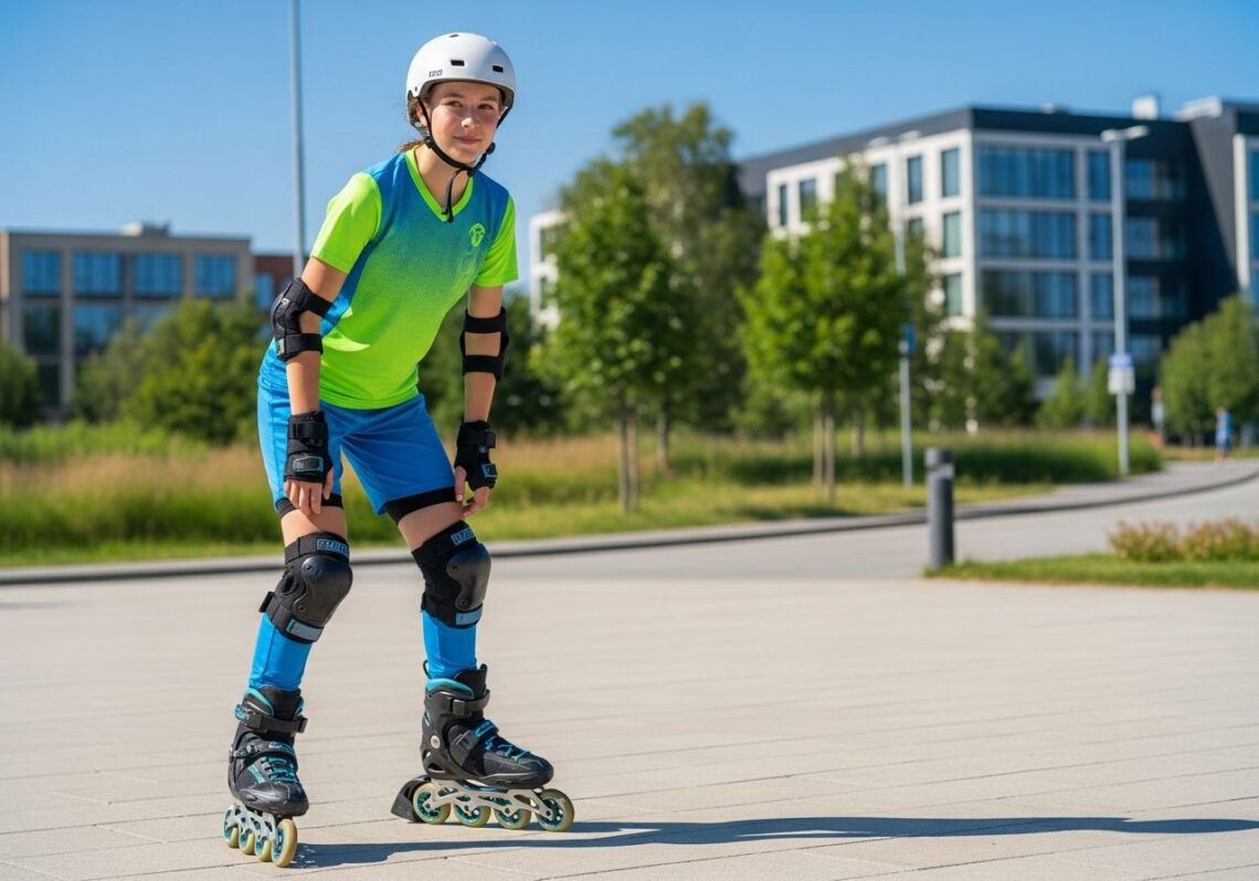 Mladý športovec v prilbe a chráničoch na kolieskových korčuliach stojí na mestskom chodníku za jasného dňa