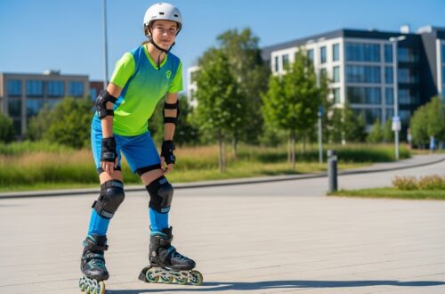 Mladý športovec v prilbe a chráničoch na kolieskových korčuliach stojí na mestskom chodníku za jasného dňa