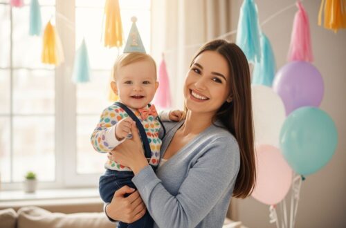 Usmievajúca sa matka drží ročné dieťa v oslovenom oblečení v obývacej izbe s narodeninovou výzdobou