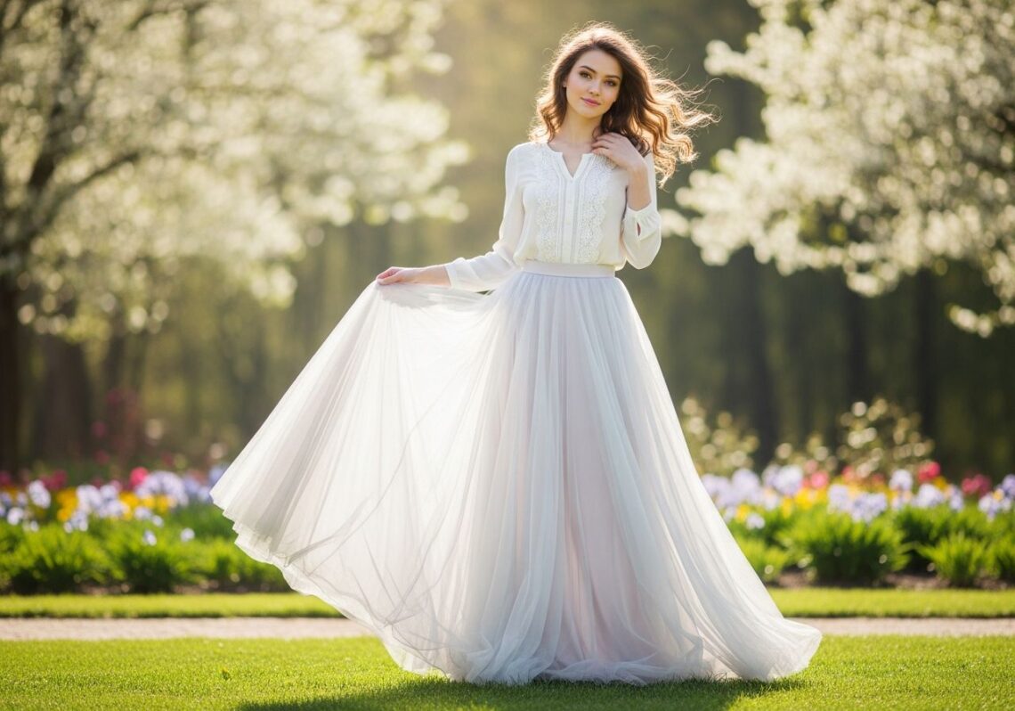 Mladá žena v pastelovej tylovej sukni stojí v záhrade s kvetmi, oblečená v bielej blúzke s čipkou.