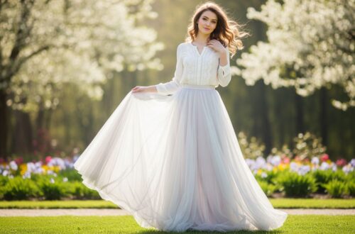 Mladá žena v pastelovej tylovej sukni stojí v záhrade s kvetmi, oblečená v bielej blúzke s čipkou.