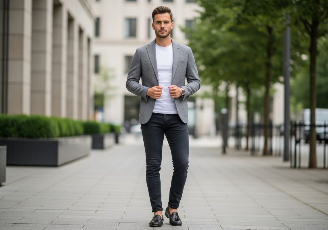 Moderný muž v elegantnom ležérnom oblečení stojí v mestskom prostredí s rozmazaným pozadím.