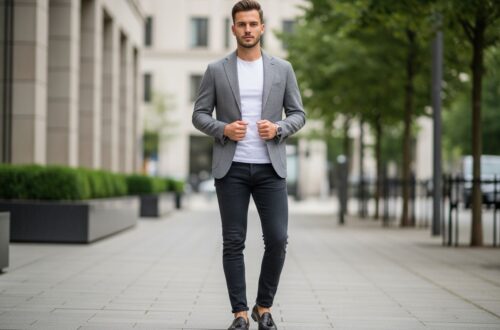 Moderný muž v elegantnom ležérnom oblečení stojí v mestskom prostredí s rozmazaným pozadím.