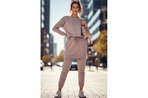 Mladá žena v modernom športovom outfite, stojaca v mestskom prostredí s prírodným svetlom.