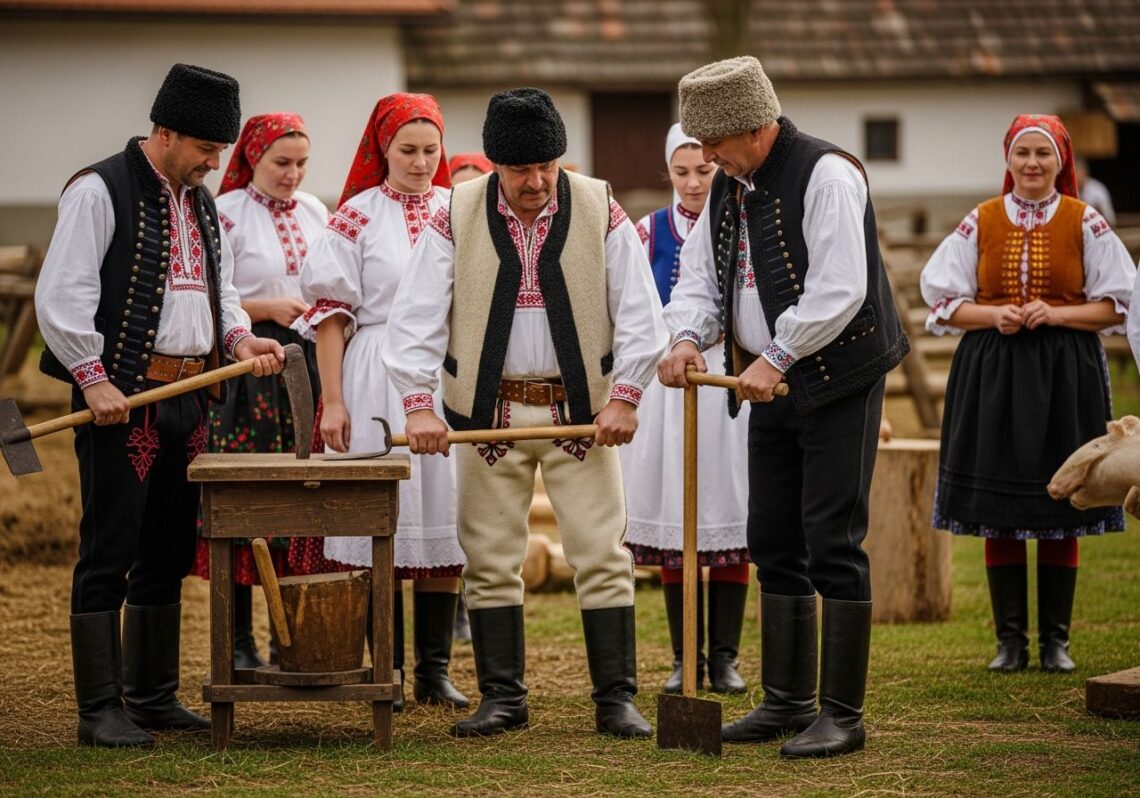Ľudia v tradičnom slovenskom odeve pripravujú zabíjačku na rustikálnej farme za denného svetla