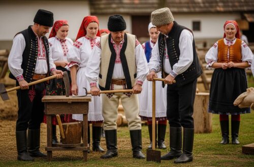 Ľudia v tradičnom slovenskom odeve pripravujú zabíjačku na rustikálnej farme za denného svetla