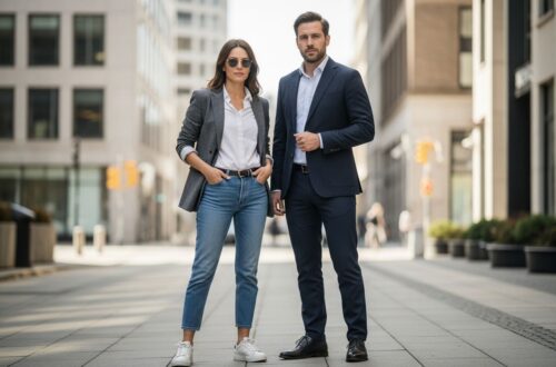 Žena v saku so džínsami a muž v obleku stoja vedľa seba v mestskom prostredí počas dňa