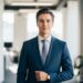 Mladý profesionál v obleku stojí pripravený na pracovný pohovor v modernom kancelárskom prostredí