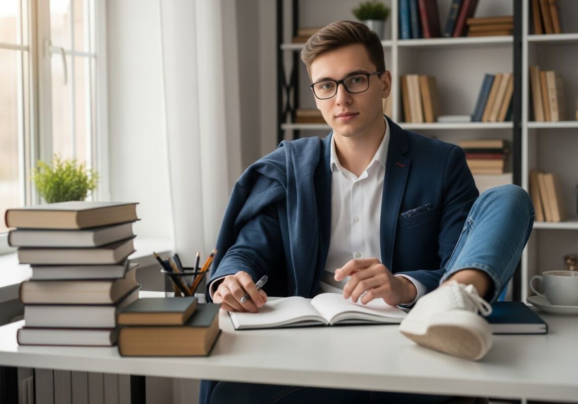 Mladý študent pri stole v svetlej miestnosti pripravený na skúšku s knihami a zápisníkom.