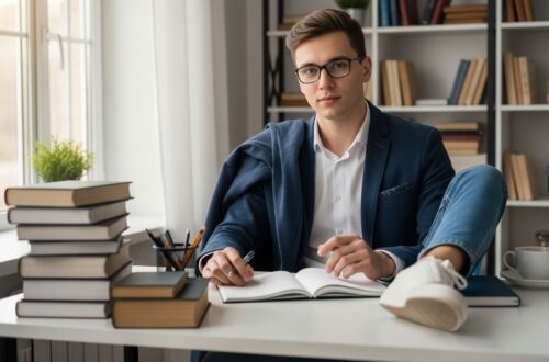 Mladý študent pri stole v svetlej miestnosti pripravený na skúšku s knihami a zápisníkom.