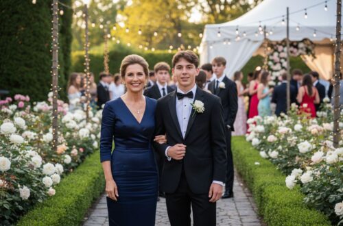 Hrdá matka v elegantných šatách stojí pri synovi v smokingu na záhradnej oslave maturitného večera.