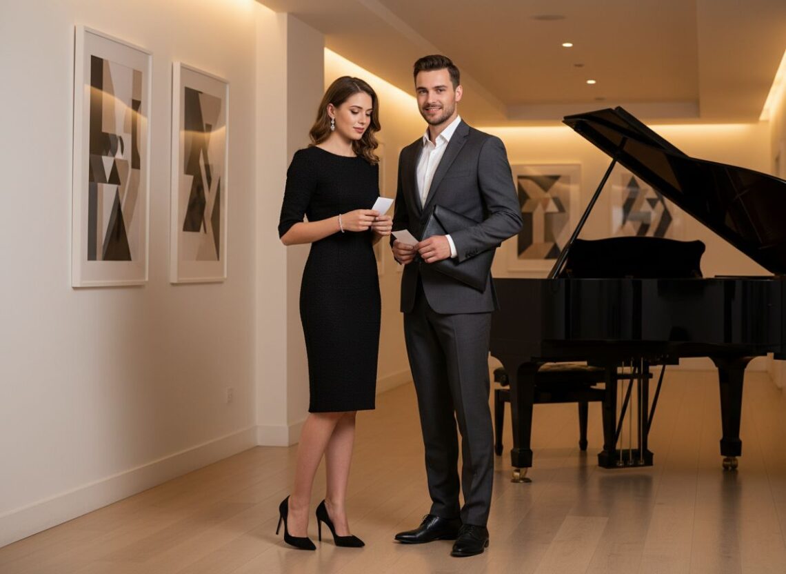 Mladý pár v elegantnom oblečení čaká pred koncertom klasickej hudby v moderne zariadenej hale.
